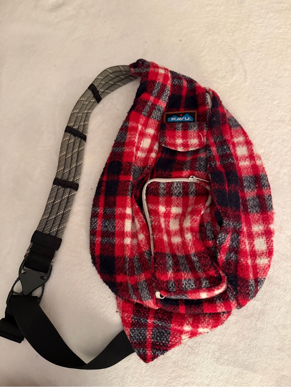 Kavu Red Plaid Sling Bag with Black Strap